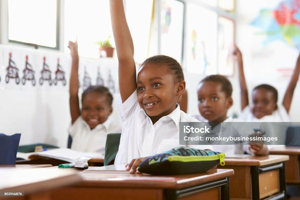 Happy African students participating in a classroom lesson in Cameroon